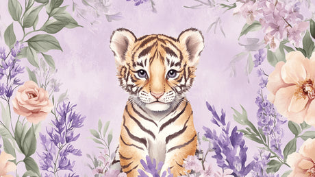 Baby tiger with purple flowers design file showing intricate watercolor details