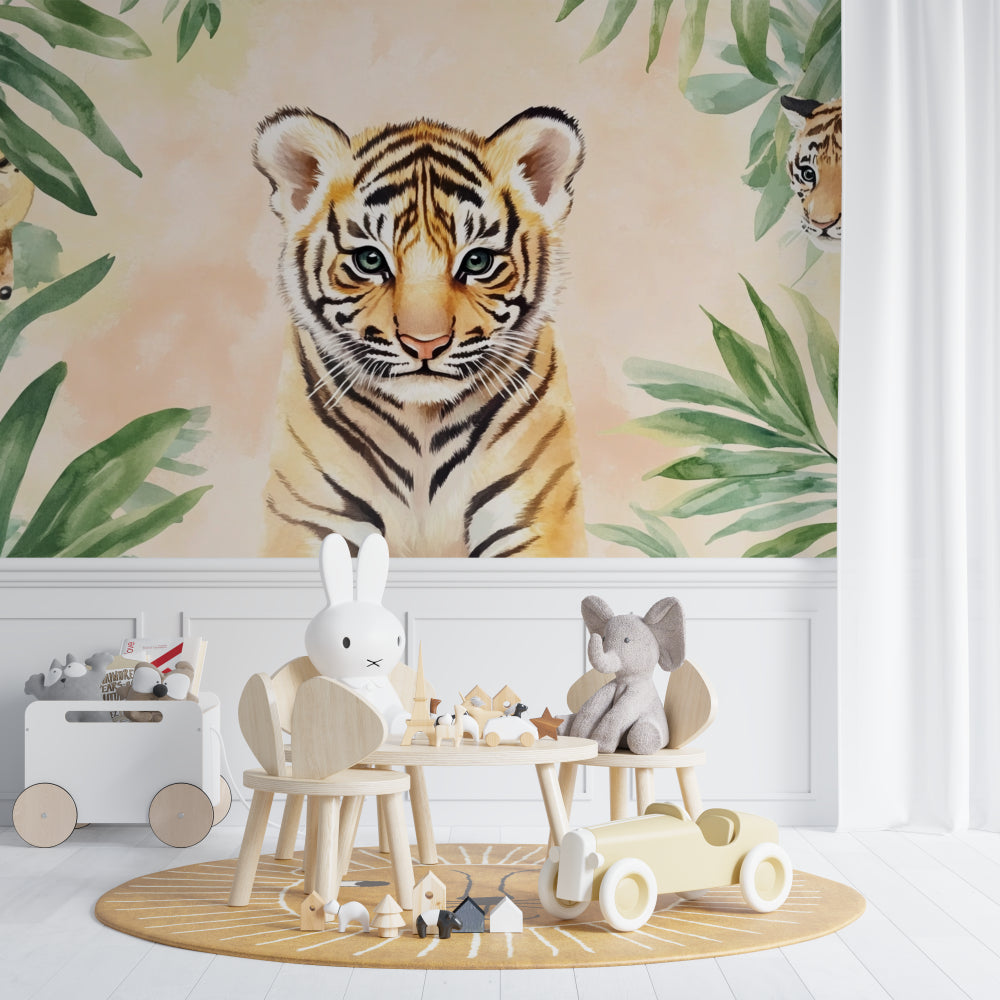 Tiger cub wallpaper in bright nursery setting with white furniture and natural light