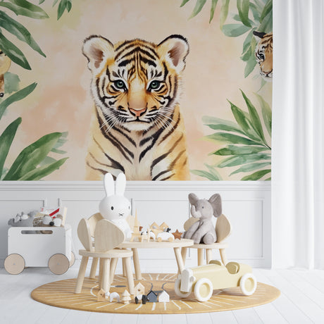Tiger cub wallpaper in bright nursery setting with white furniture and natural light