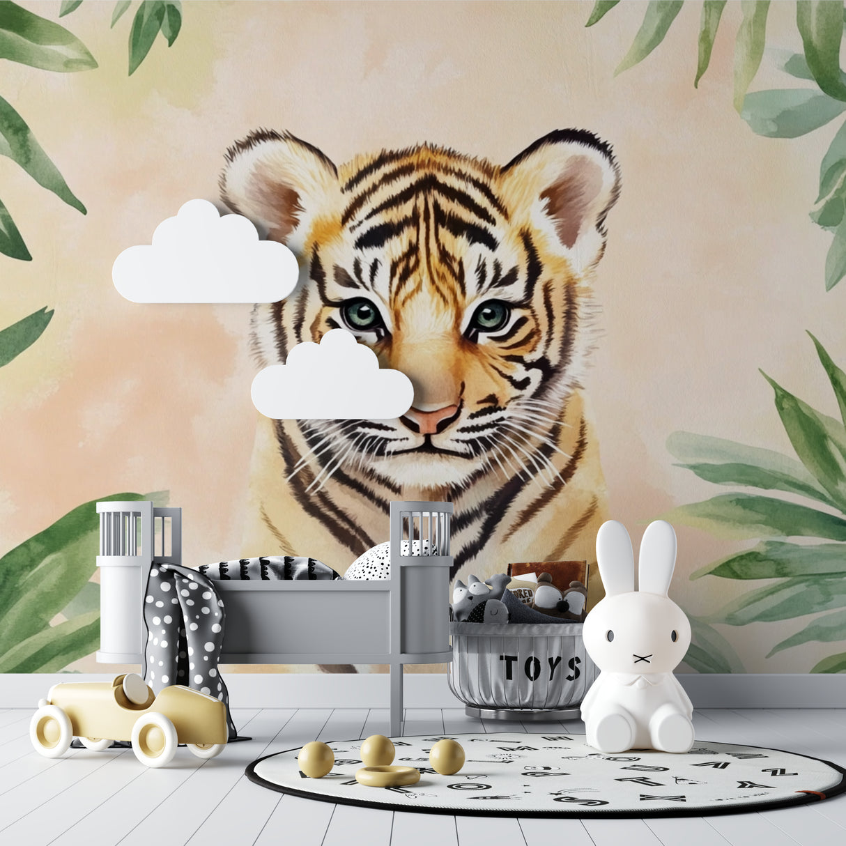 Tropical tiger mural in modern kids bedroom with wooden accents