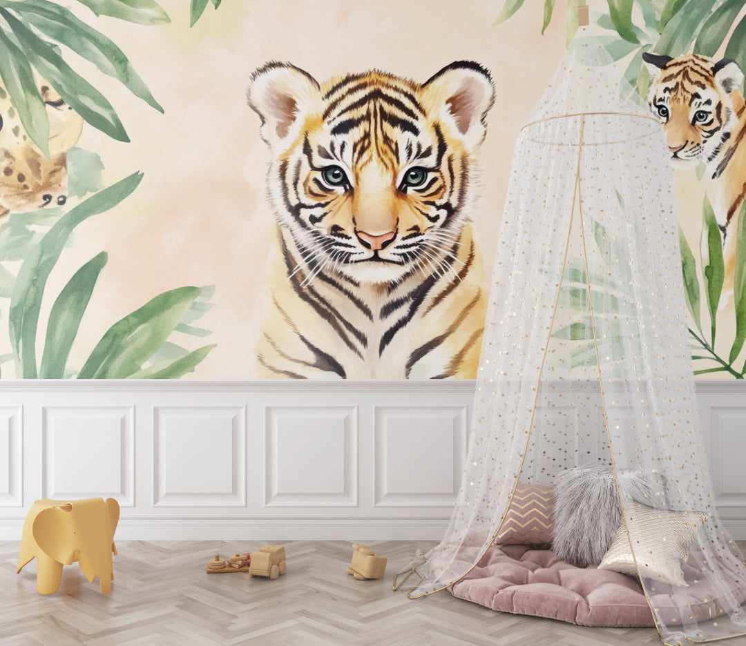 Baby tiger wallpaper creating focal point in playroom setting