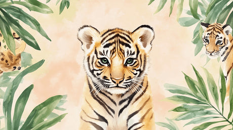 Baby tiger with tropical leaves design file showing watercolor details and pattern