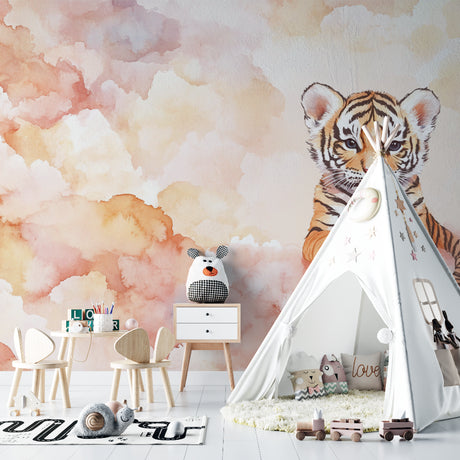Tiger cub nursery wallpaper styled in modern white nursery with rocking chair and minimal decor