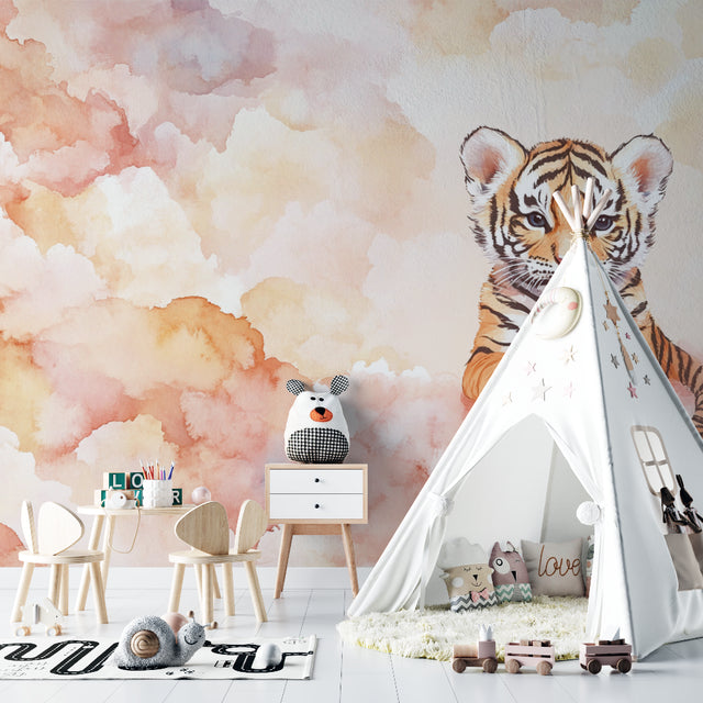 Tiger cub nursery wallpaper styled in modern white nursery with rocking chair and minimal decor