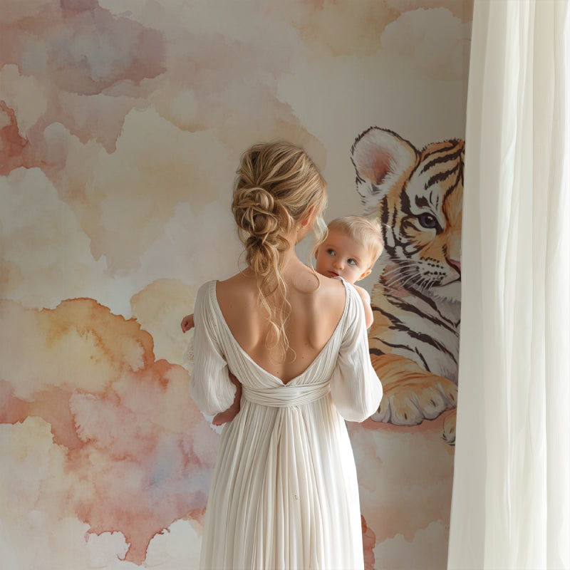 Baby tiger mural showcased in modern children's bedroom with wooden furniture