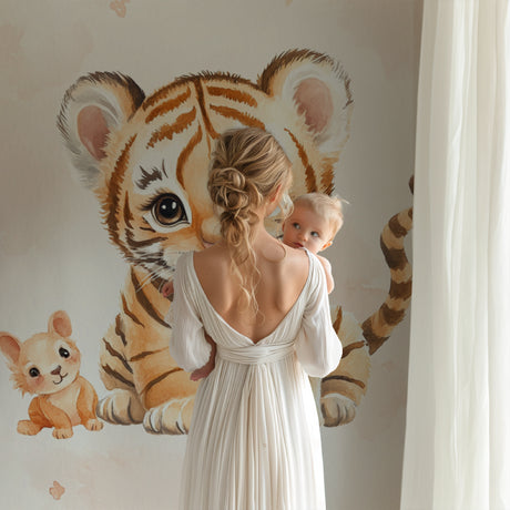 Baby Tiger Watercolor Wallpaper in a cozy nursery with white furniture and soft lighting