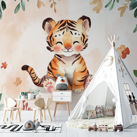 Sweet Tiger Nursery Wallpaper transforms a modern nursery with soft watercolor design