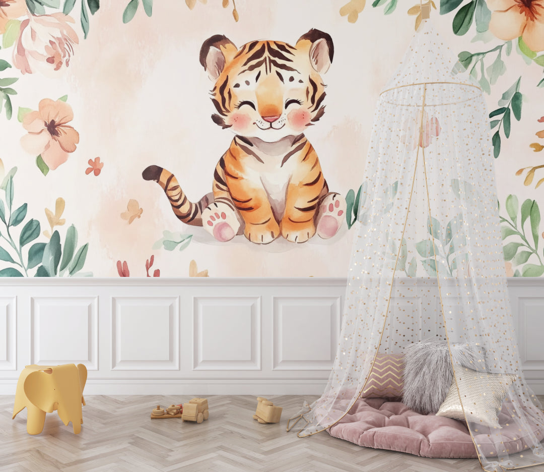 Baby Tiger Wallpaper creating a cozy reading nook in a children's bedroom