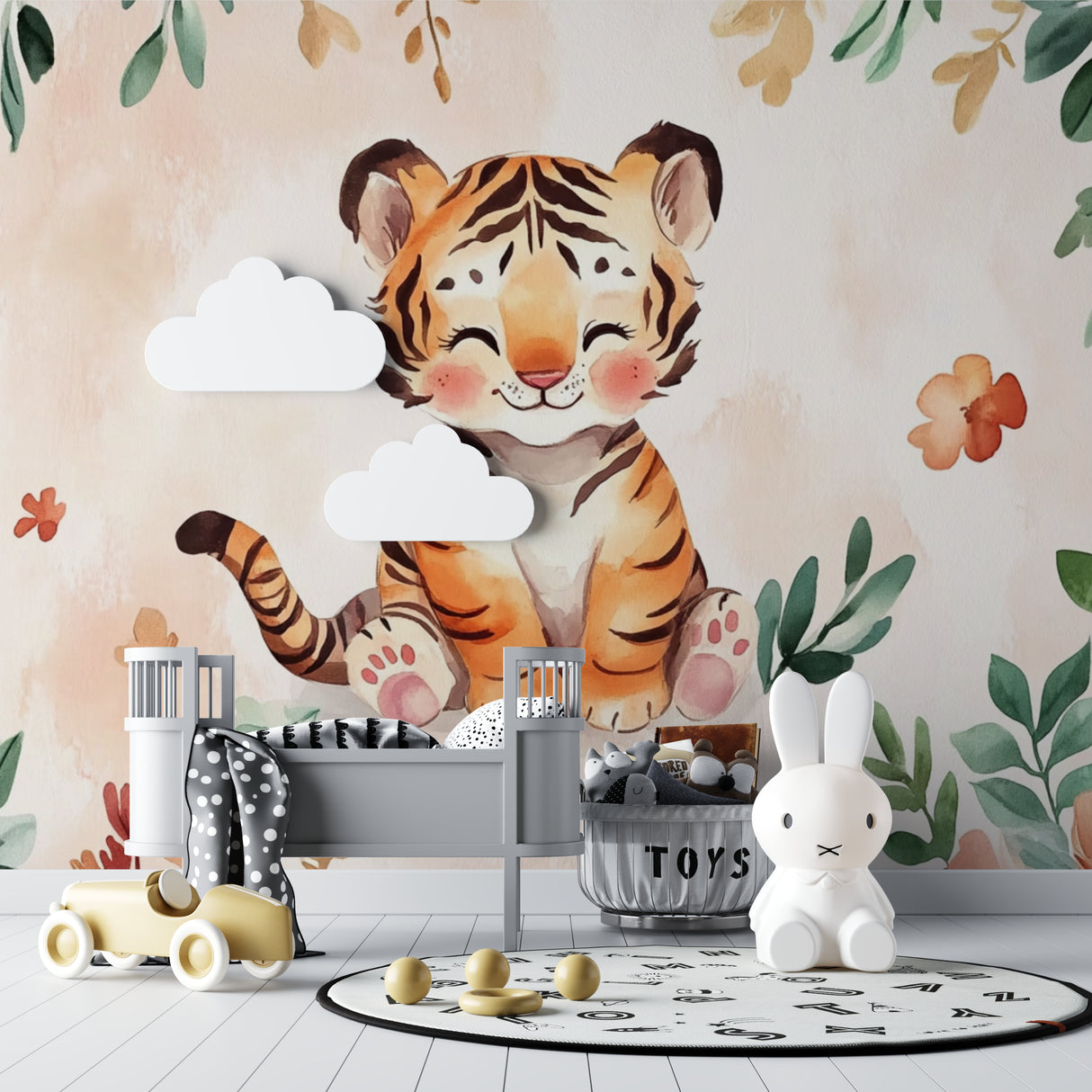Watercolor Tiger Mural brightening up a peaceful nursery space