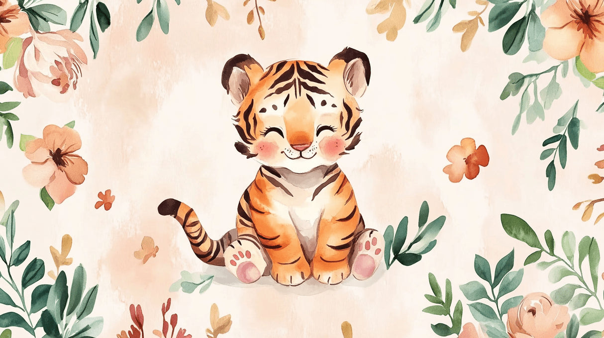 Watercolor Baby Tiger design file showing delicate floral pattern and sweet tiger character