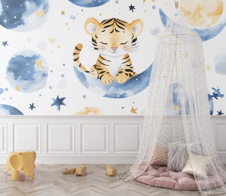 Tiger nursery wallpaper displayed in a cozy baby room with soft lighting