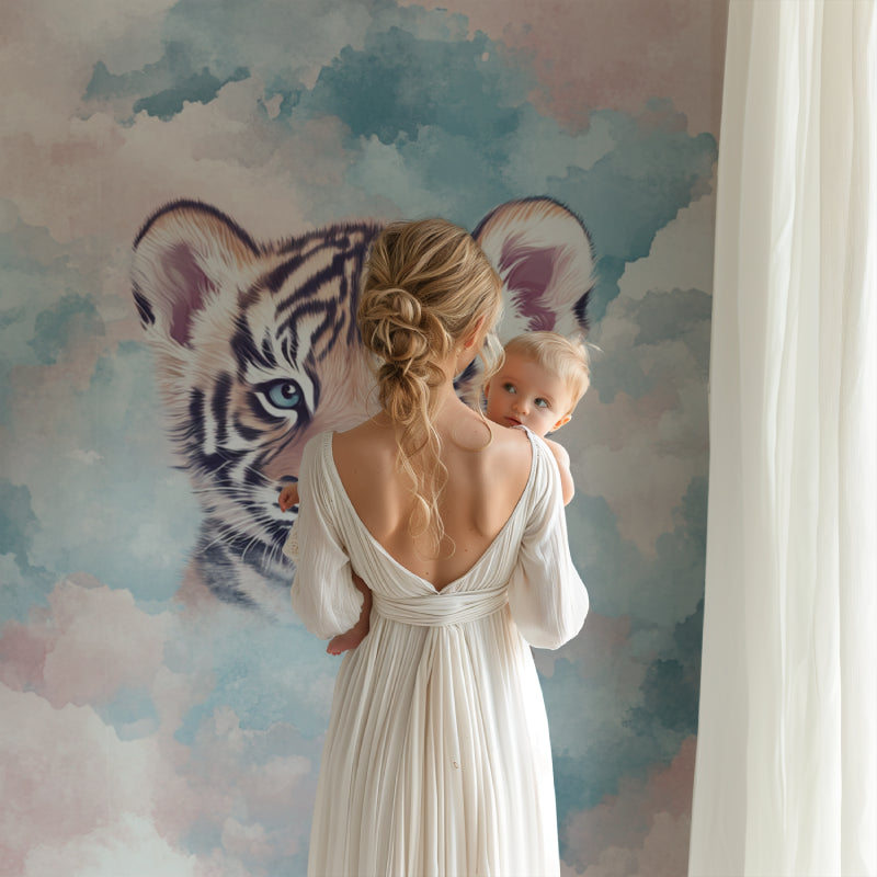 Kids bedroom featuring tiger wall mural, natural lighting highlighting the dreamy pastel colors