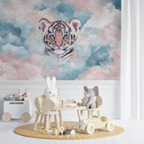Close-up of tiger mural showing detailed watercolor effects in a modern nursery setting