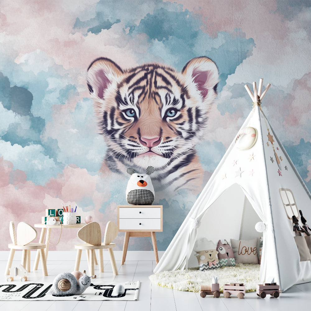 Baby room with tiger wallpaper mural showcasing the soft cloud background