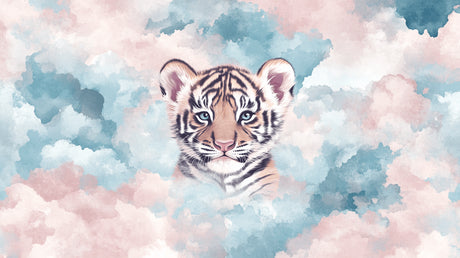 Tiger mural wallpaper design file showing full pattern with pastel clouds and detailed tiger illustration