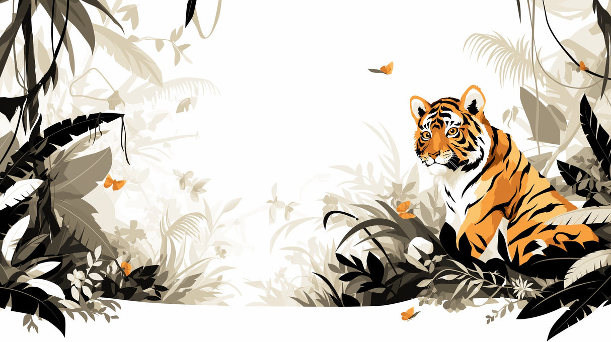 Tiger wallpaper mural styled in modern living room, showing orange and black stripes against neutral walls
