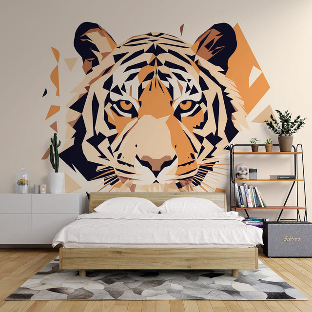 Modern geometric Tiger wallpaper displayed in a minimal Scandinavian living room, showing how the angular design creates a striking focal point