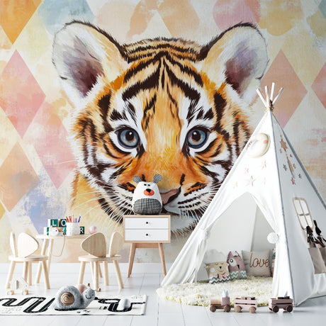 Modern Tiger Wallpaper creating a stunning accent wall in a contemporary living room with pastel furniture