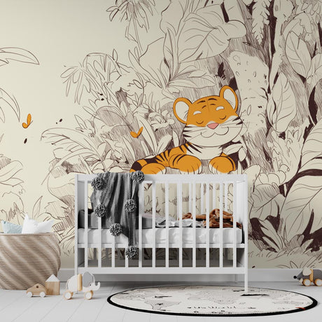 Baby Tiger Line Art Wallpaper creating a sweet and calm atmosphere in a modern nursery with white furniture