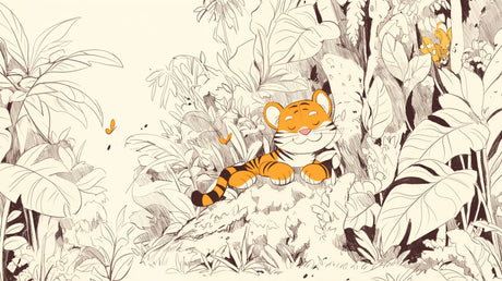 Tiger Line Art Wallpaper design file showing detailed jungle pattern with baby tiger character