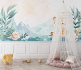 Mountain tiger nursery wallpaper in playroom setting with natural wood accents