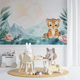 Baby tiger wall mural creating focal point in minimal Scandinavian nursery