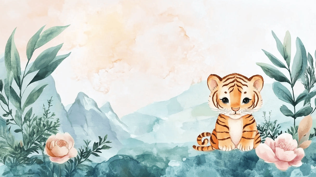 Baby tiger and mountain landscape design file showing full wallpaper pattern