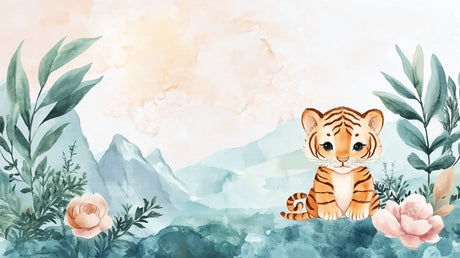 Baby tiger and mountain landscape design file showing full wallpaper pattern