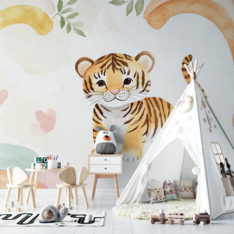 Baby tiger wallpaper creating a cozy atmosphere in a modern nursery with soft lighting