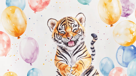 Baby Tiger with Balloons design file showing watercolor pattern and full artwork details
