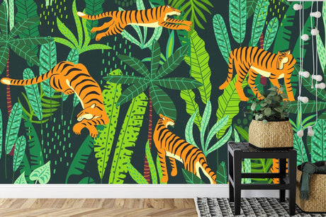 Tiger jungle wallpaper creating a bold statement in a modern living room with grey furniture