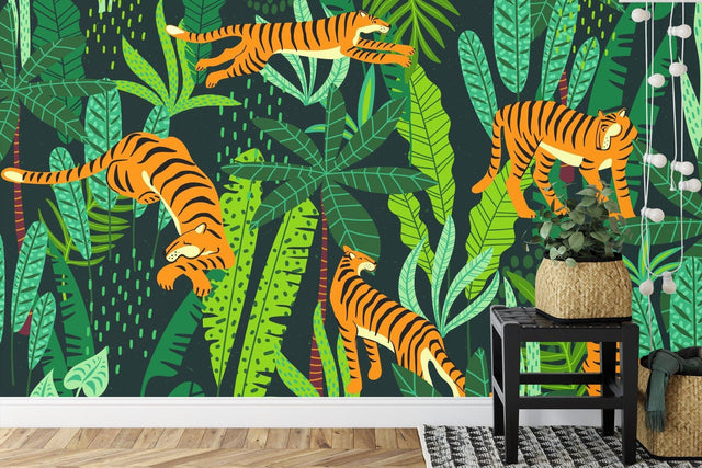 Tiger jungle wallpaper creating a bold statement in a modern living room with grey furniture