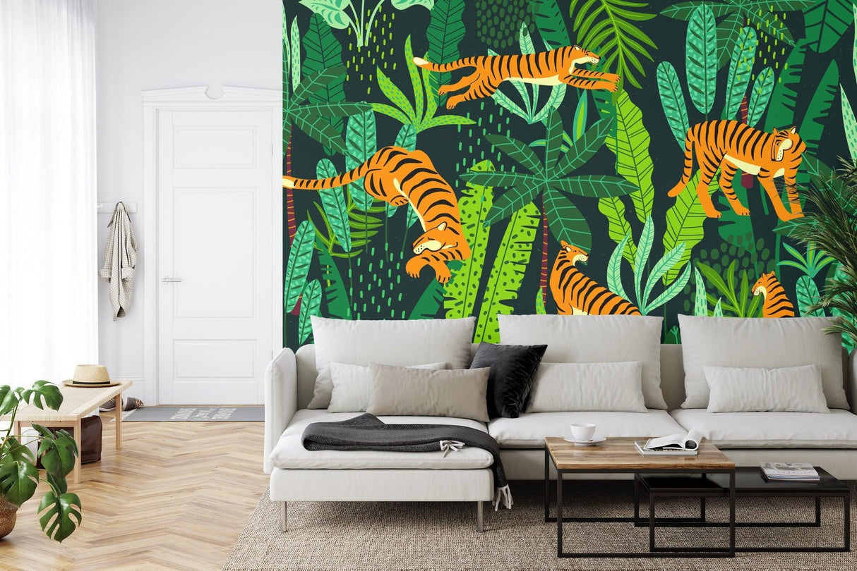 Tropical tiger mural wallpaper showcased in a bright bedroom with natural lighting