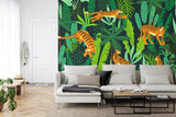 Tropical tiger mural wallpaper showcased in a bright bedroom with natural lighting