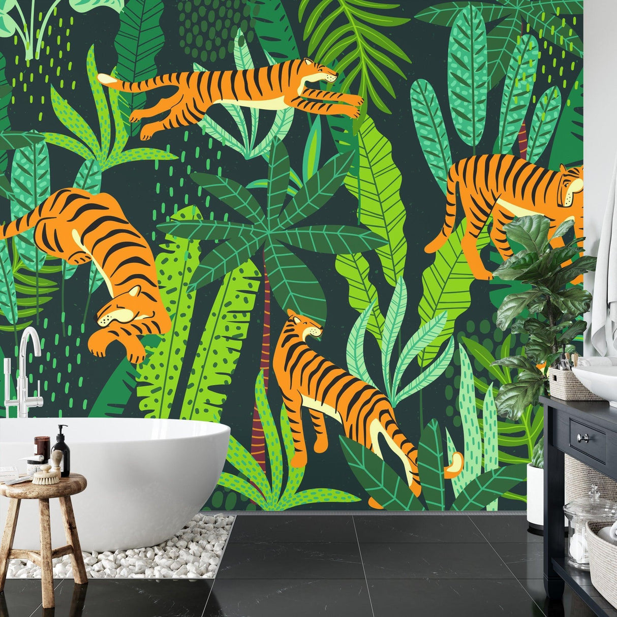 Jungle tiger wallpaper installation in a home office with minimalist decor