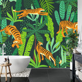 Jungle tiger wallpaper installation in a home office with minimalist decor