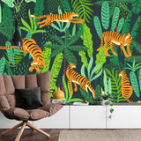 Tiger print wallpaper transforming a dining room with dramatic tropical atmosphere