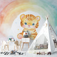 Baby Tiger Watercolor Wallpaper in bright nursery with white furniture and rainbow accents