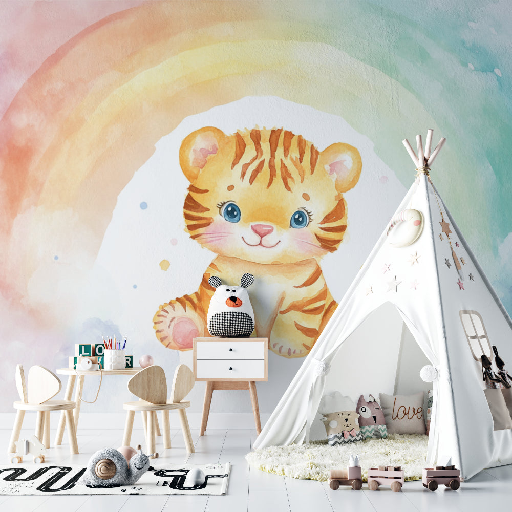 Baby Tiger Watercolor Wallpaper in bright nursery with white furniture and rainbow accents