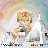 Baby Tiger Watercolor Wallpaper in bright nursery with white furniture and rainbow accents