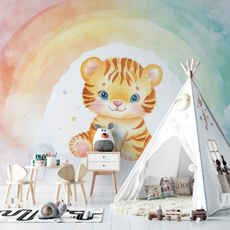 Baby Tiger Watercolor Wallpaper in bright nursery with white furniture and rainbow accents