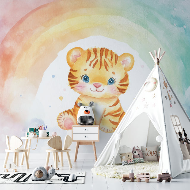 Baby Tiger Watercolor Wallpaper in bright nursery with white furniture and rainbow accents