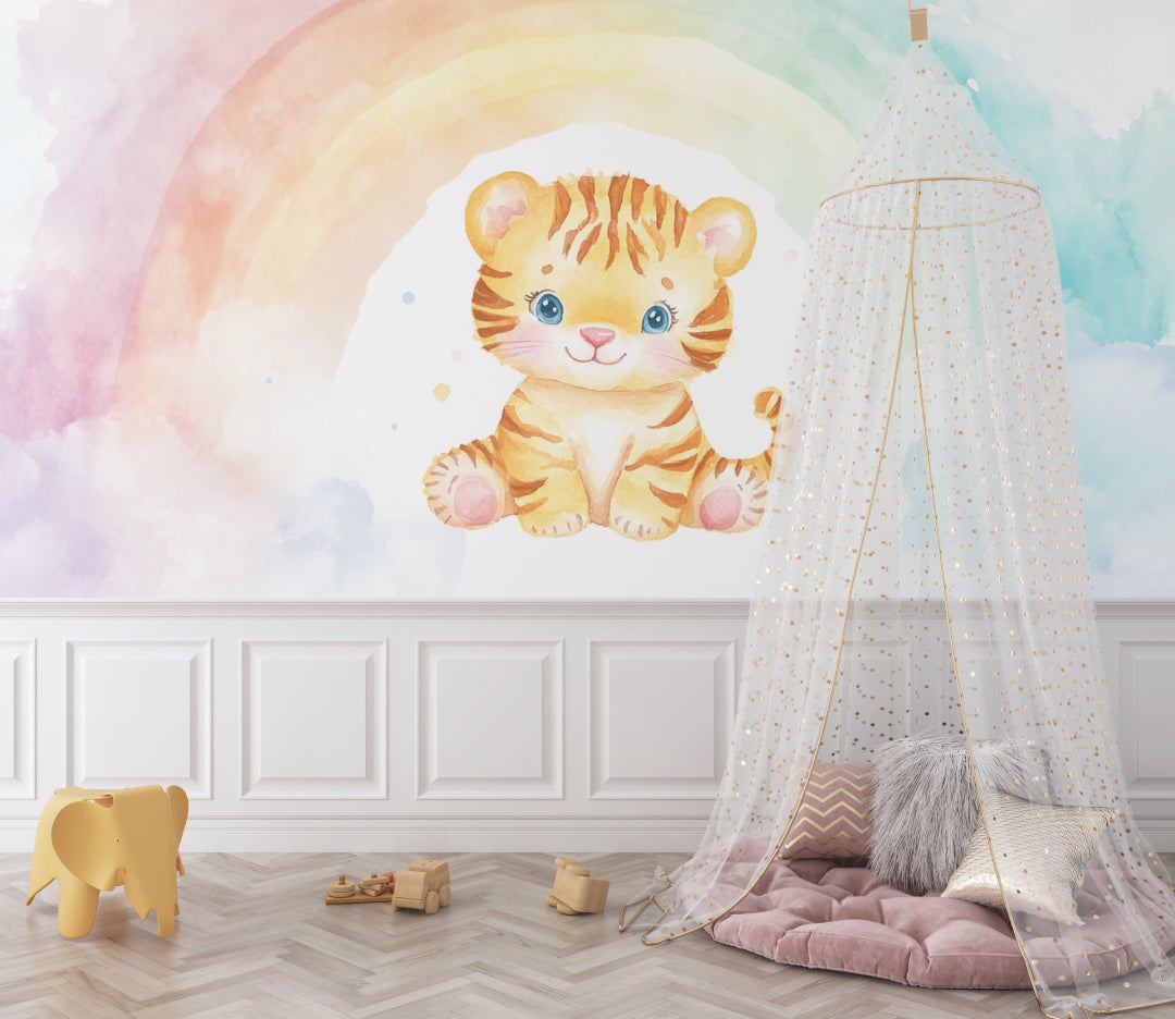 Rainbow Tiger Mural creating magic in a toddler's reading nook
