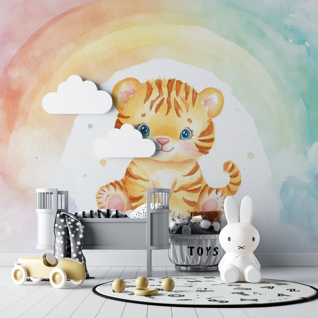 Rainbow Tiger Wallpaper making a statement in a gender-neutral nursery