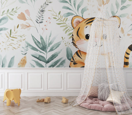 Tiger wallpaper mural in modern Scandinavian nursery with white furniture