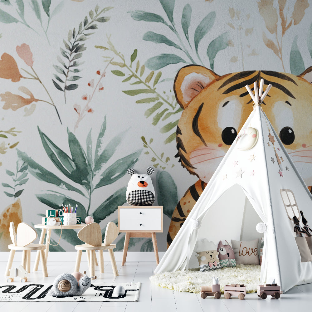 Scandinavian tiger wallpaper creating calm playroom atmosphere