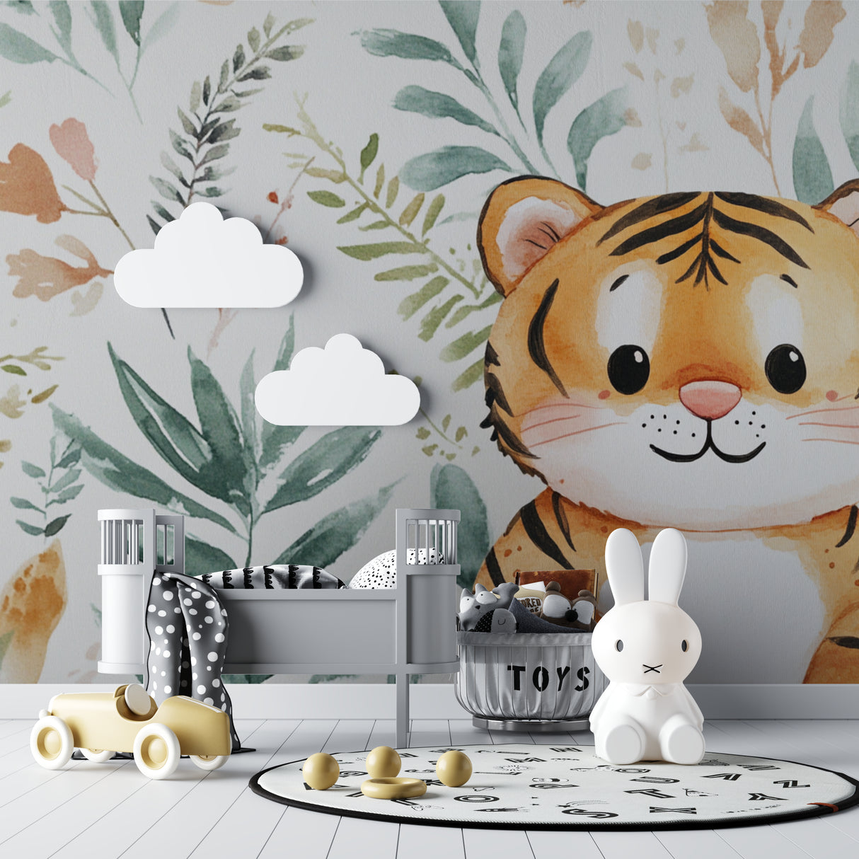 Tiger nursery wallpaper styled with natural wood elements