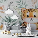 Tiger nursery wallpaper styled with natural wood elements