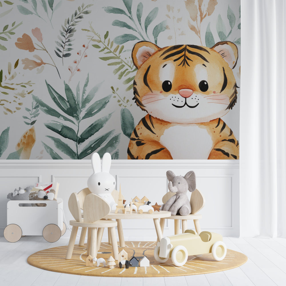 Watercolor jungle mural in minimal Nordic bedroom setting