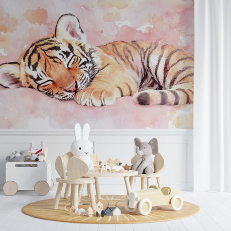 Tiger cub watercolor wallpaper in a cozy nursery with soft pink accents